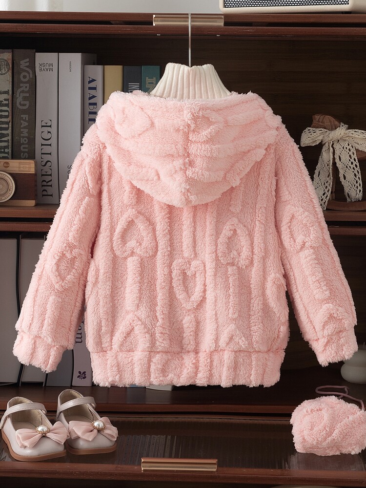 SHEIN Playful Pals Young Girl Plush Fuzzy Hooded Jacket With Bag Heart Pattern Embossed Zip Up Pink Fleece Coat Toddler Winter Warm Cute Casual Outwear Autumn Winter - Pink - View 8
