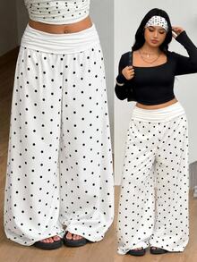 Coolane Women's Plus Size Summer Fall Going Out Elegant Vacation Beach Outfit Boho Basic Black And White Polka Dots Mid-Waist Curved Hem Wide Leg Pants - White - View 2