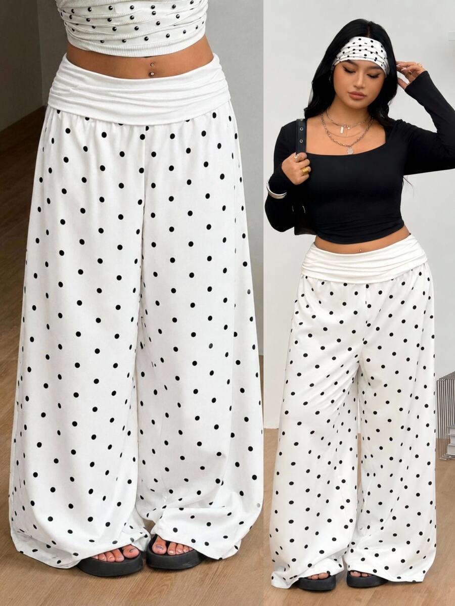 Coolane Women's Plus Size Summer Fall Going Out Elegant Vacation Beach Outfit Boho Basic Black And White Polka Dots Mid-Waist Curved Hem Wide Leg Pants
