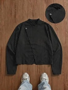 SWAVVY Men's Striped Long Sleeve Asymmetric Design Casual Shirt - Black - View 2