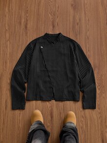 SWAVVY Men's Striped Long Sleeve Asymmetric Design Casual Shirt - Black - View 6
