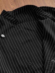 SWAVVY Men's Striped Long Sleeve Asymmetric Design Casual Shirt - Black - View 5