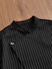 SWAVVY Men's Striped Long Sleeve Asymmetric Design Casual Shirt - Black - View 3