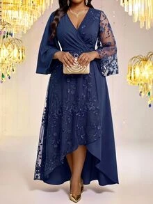 Fleurora Plus Size Women's Patchwork Floral Embroidery Mesh Flared Sleeve High-Low Hem Elegant Dress Fall - Navy Blue - View 3