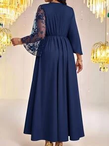 Fleurora Plus Size Women's Patchwork Floral Embroidery Mesh Flared Sleeve High-Low Hem Elegant Dress Fall - Navy Blue - View 2