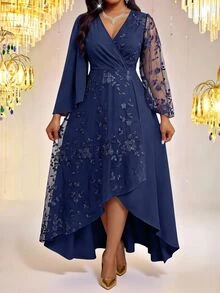 Fleurora Plus Size Women's Patchwork Floral Embroidery Mesh Flared Sleeve High-Low Hem Elegant Dress Fall - Navy Blue - View 4