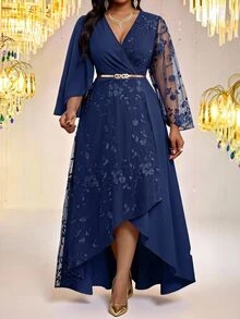 Fleurora Plus Size Women's Patchwork Floral Embroidery Mesh Flared Sleeve High-Low Hem Elegant Dress Fall - Navy Blue - View 5