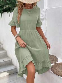 EMERY ROSE Solid Flounce Sleeve Ruffle Hem Dress Without Belt,Sage Green Dress,Pastel Dresses For Women - Mint Green - View 5