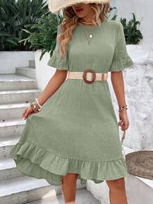 EMERY ROSE Solid Flounce Sleeve Ruffle Hem Dress Without Belt,Sage Green Dress,Pastel Dresses For Women - Mint Green - View 8