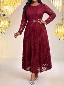 Fleurora Gaun Pesta Kasual Lipit Renda Ukuran Besar untuk Wanita, Musim Gugur - Burgundy - View 4