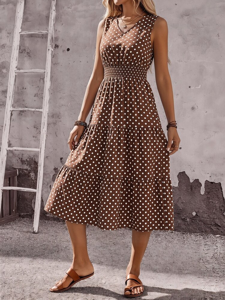 EMERY ROSE Women's Sleeveless Pleated Dress, Casual Tropical Vintage Boho Brown And White Polka Dot Midi Vacation Summer Picnic - Multicolor - View 4