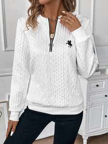 EMERY ROSE Women's Casual Retro Half-Zip Front Crew Neck Sweatshirt,Fall Winter White - White - View 2
