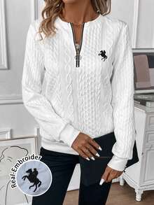 EMERY ROSE Women's Casual Retro Half-Zip Front Crew Neck Sweatshirt,Fall Winter White - White - View 6