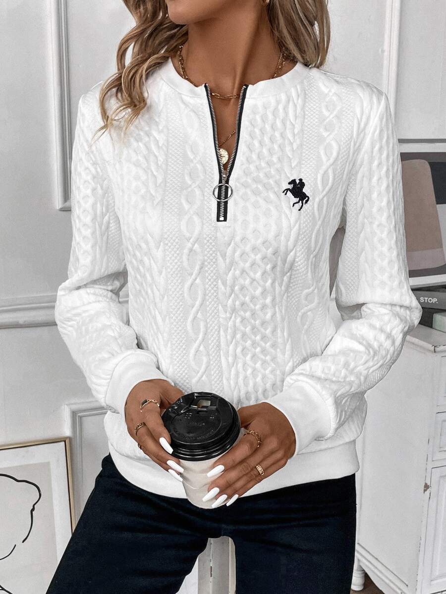 EMERY ROSE Women's Casual Retro Half-Zip Front Crew Neck Sweatshirt,Fall Winter White - White - View 1