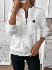 EMERY ROSE Women's Casual Retro Half-Zip Front Crew Neck Sweatshirt,Fall Winter White - White - View 4