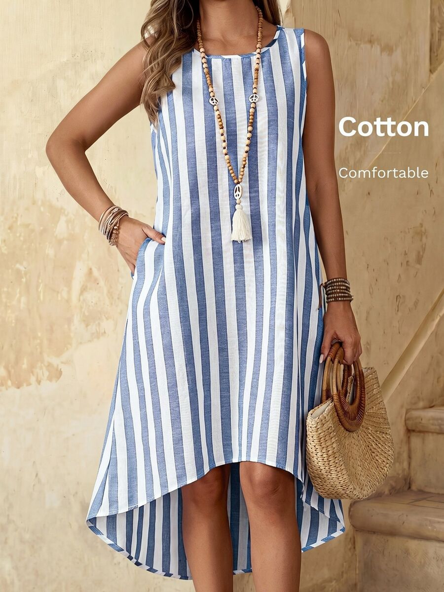 EMERY ROSE Summer Vacation Casual Colorblock Striped Asymmetric Hem Sleeveless Dress - Multicolor - View 1