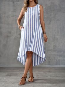 EMERY ROSE Summer Vacation Casual Colorblock Striped Asymmetric Hem Sleeveless Dress - Multicolor - View 4