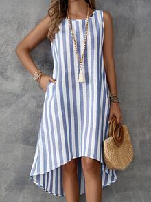 EMERY ROSE Summer Vacation Casual Colorblock Striped Asymmetric Hem Sleeveless Dress - Multicolor - View 6