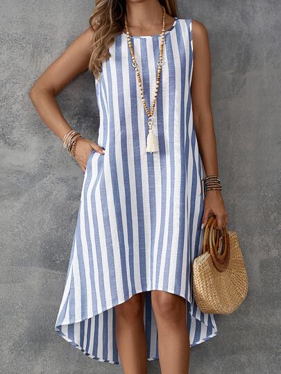 EMERY ROSE Summer Vacation Casual Colorblock Striped Asymmetric Hem Sleeveless Dress