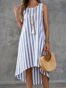 EMERY ROSE Summer Vacation Casual Colorblock Striped Asymmetric Hem Sleeveless Dress - Multicolor - View 7