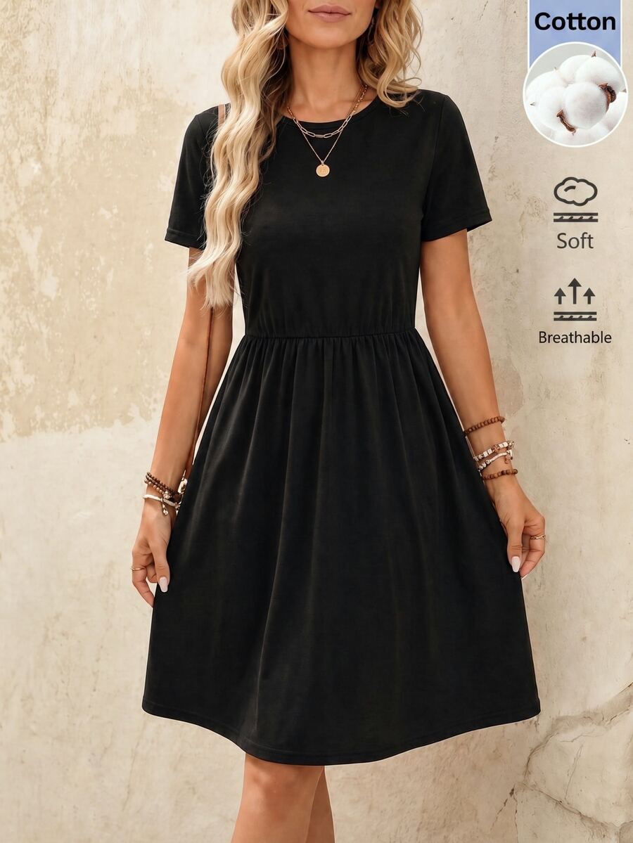 EMERY ROSE Women's Solid Color Round Neck Short Sleeve Casual Short Dress Everyday Beach Going Out Holiday Vacation Travel Black Summer Picnic
