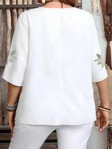 EMERY ROSE Casual Minimalist Style Faux Knit Embroidery Flat Print Pattern Women's 3/4 Sleeve Shirt, Suitable For Spring And Summer - Multicolor - View 2