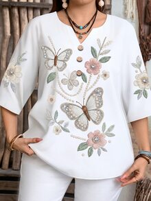 EMERY ROSE Casual Minimalist Style Faux Knit Embroidery Flat Print Pattern Women's 3/4 Sleeve Shirt, Suitable For Spring And Summer - Multicolor - View 4