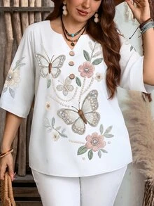 EMERY ROSE Casual Minimalist Style Faux Knit Embroidery Flat Print Pattern Women's 3/4 Sleeve Shirt, Suitable For Spring And Summer - Multicolor - View 6