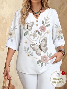 EMERY ROSE Casual Minimalist Style Faux Knit Embroidery Flat Print Pattern Women's 3/4 Sleeve Shirt, Suitable For Spring And Summer - Multicolor - View 1