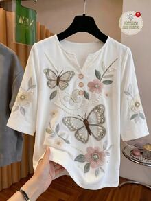 EMERY ROSE Casual Minimalist Style Faux Knit Embroidery Flat Print Pattern Women's 3/4 Sleeve Shirt, Suitable For Spring And Summer - Multicolor - View 7