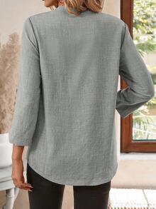 EMERY ROSE Women's V-Neck Plain Textured Fabric Casual Summer Shirt White V Neck Blouse Women Blouses For Linen Tops FALL Clothes Business Woman Button Up - Light Grey - View 3