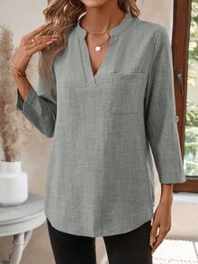 EMERY ROSE Women's V-Neck Plain Textured Fabric Casual Summer Shirt White V Neck Blouse Women Blouses For Linen Tops FALL Clothes Business Woman Button Up - Light Grey - View 7
