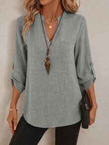 EMERY ROSE Women's V-Neck Plain Textured Fabric Casual Summer Shirt White V Neck Blouse Women Blouses For Linen Tops FALL Clothes Business Woman Button Up - Light Grey - View 5