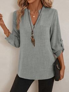 EMERY ROSE Women's V-Neck Plain Textured Fabric Casual Summer Shirt White V Neck Blouse Women Blouses For Linen Tops FALL Clothes Business Woman Button Up - Light Grey - View 6