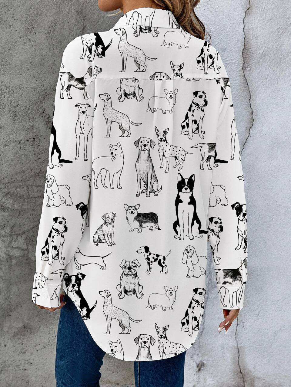 Casual Cute Minimalist Cartoon Animal Print Loose Fit Women Shirt, Suitable For Autumn/Winter Chic Blouses, Everyday Travel White And Black