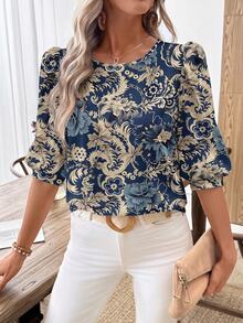 EMERY ROSE Camisa de mujer casual elegante para ir al trabajo con estampado y mangas farol, azul floral, para oficina y brunch, otoño - Multicolor - Ver 6