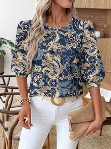 EMERY ROSE Camisa de mujer casual elegante para ir al trabajo con estampado y mangas farol, azul floral, para oficina y brunch, otoño - Multicolor - Ver 7