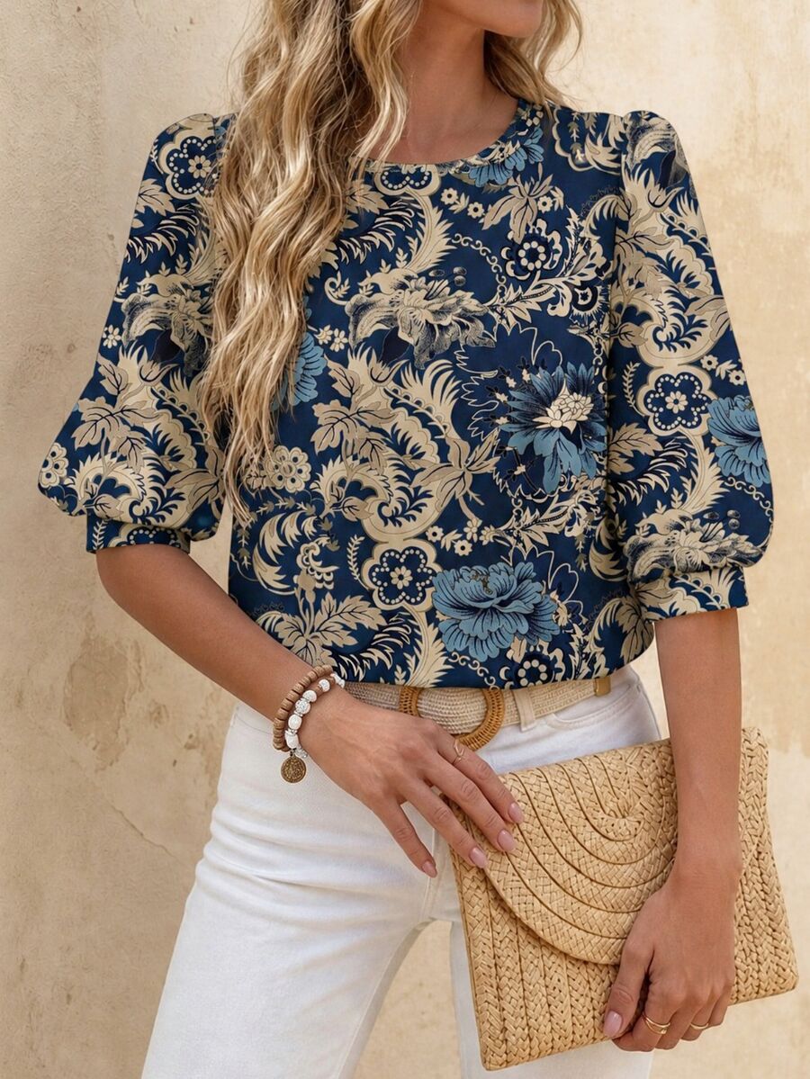 EMERY ROSE Camisa de mujer casual elegante para ir al trabajo con estampado y mangas farol, azul floral, para oficina y brunch, otoño