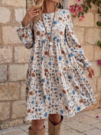 EMERY ROSE Women's Floral Print Crew Neck Ruffle Hem Sleeve Loose Vacation Dress Vacation Blue And White Autumn Cottage Core Casual Winter