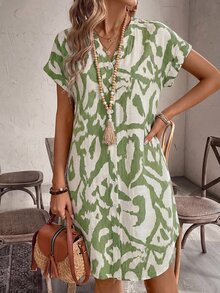EMERY ROSE Women's Summer Vintage Boho All-Over Print Front Button V-Neck Short Sleeve Mini Dress Vacation Gray - Green - View 4