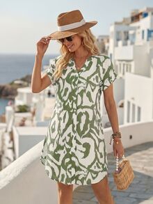 EMERY ROSE Women's Summer Vintage Boho All-Over Print Front Button V-Neck Short Sleeve Mini Dress Vacation Gray - Green - View 5