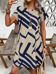 EMERY ROSE Women's Round Neck Geometric Print Casual Party & Outing Short Dress ,Summer Dress,Spring Dresses For Women - Blue - View 6