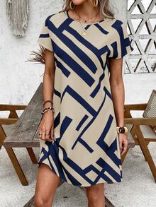 EMERY ROSE Women's Round Neck Geometric Print Casual Party & Outing Short Dress ,Summer Dress,Spring Dresses For Women - Blue - View 4