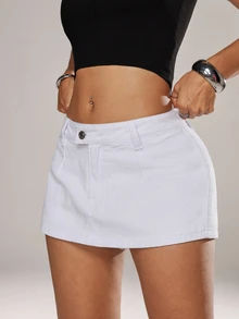 Jeanoix Rok Mini Denim Putih Non-Stretch Kasual Nyaman untuk Wanita Ukuran Plus - Putih - View 6