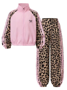 SHEIN 青少年女孩休閒百搭簡約夾克褲裝套裝，秋季穿搭，胸前蝴蝶結圖案，袖子與褲子側邊豹紋印花 - 彩色 - 查看 4