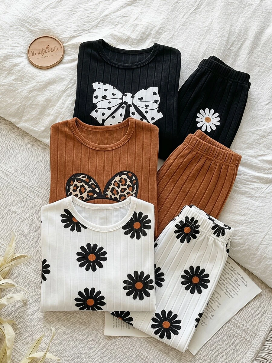 SHEIN Vintaside Kids Tween Girls 3pcs/Set Round Neck Knitted Fuzzy Ribbed Sweatshirt And Pants Set, Fall, Back To School, Casual, Minimalist, Loose, Flare, Warm
