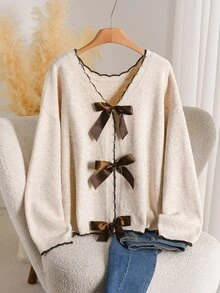 CosyJoli Cardigan Plus dengan Pita Depan dan Bahu Jatuh, Cocok untuk Kencan Malam, Liburan, Warna Putih, Musim Gugur, Gaya Peri, Kasual, Elegan, Musim Dingin. - Aprikot - View 6