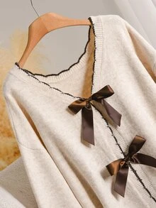 CosyJoli Cardigan Plus dengan Pita Depan dan Bahu Jatuh, Cocok untuk Kencan Malam, Liburan, Warna Putih, Musim Gugur, Gaya Peri, Kasual, Elegan, Musim Dingin. - Aprikot - View 8
