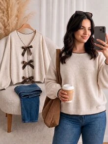CosyJoli Cardigan Plus dengan Pita Depan dan Bahu Jatuh, Cocok untuk Kencan Malam, Liburan, Warna Putih, Musim Gugur, Gaya Peri, Kasual, Elegan, Musim Dingin. - Aprikot - View 2