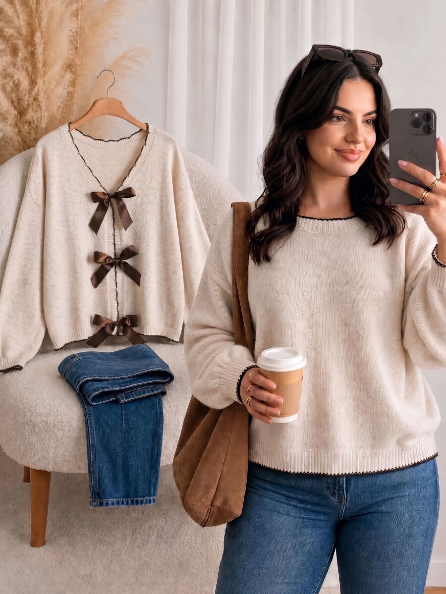 CosyJoli Cardigan Plus dengan Pita Depan dan Bahu Jatuh, Cocok untuk Kencan Malam, Liburan, Warna Putih, Musim Gugur, Gaya Peri, Kasual, Elegan, Musim Dingin.